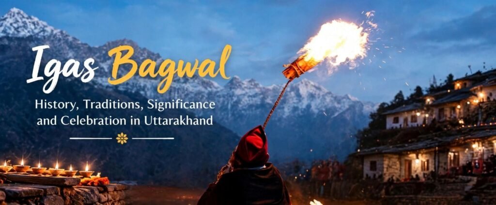Igas Bagwal celebration in Uttarakhand with traditional fire torch, Himalayan mountains and village lights