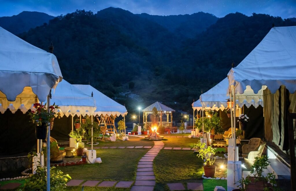 Aqua Forest camp in Rishikesh at night